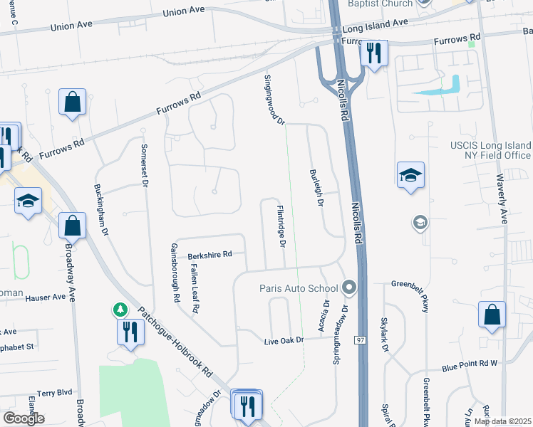 map of restaurants, bars, coffee shops, grocery stores, and more near 47 Flintridge Dr in Holbrook