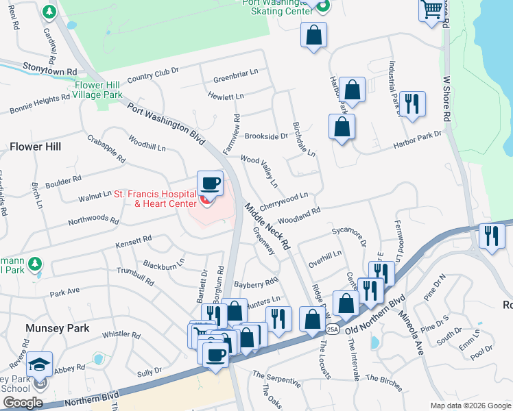 map of restaurants, bars, coffee shops, grocery stores, and more near 84 Middle Neck Road in Roslyn