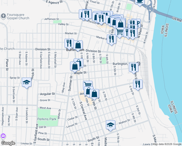 map of restaurants, bars, coffee shops, grocery stores, and more near 815 Maple Street in Burlington