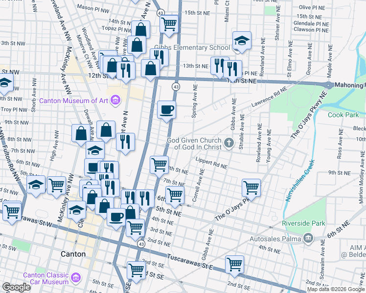 map of restaurants, bars, coffee shops, grocery stores, and more near 601 9th Street Northeast in Canton