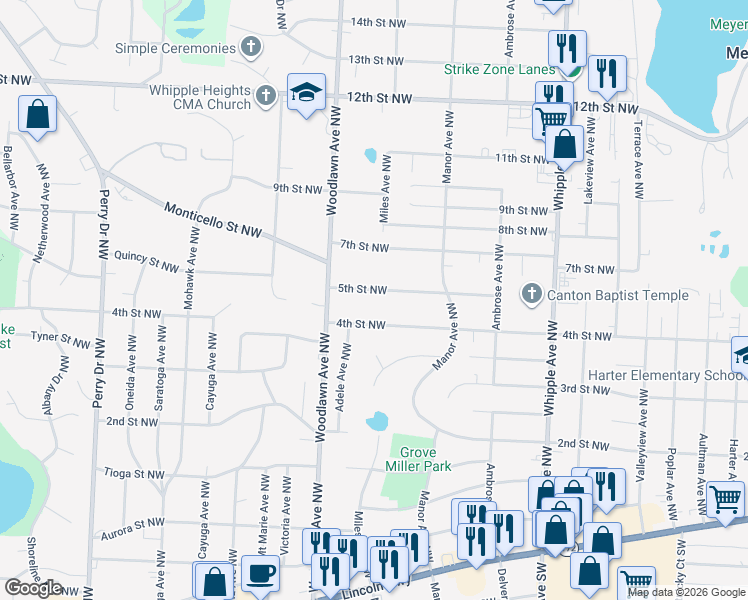 map of restaurants, bars, coffee shops, grocery stores, and more near 4714 5th St NW in Canton