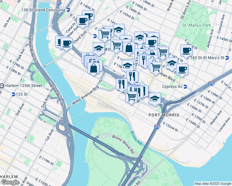 map of restaurants, bars, coffee shops, grocery stores, and more near 112 Bruckner Boulevard in The Bronx