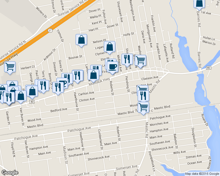 map of restaurants, bars, coffee shops, grocery stores, and more near 16 Roberts Street in Mastic