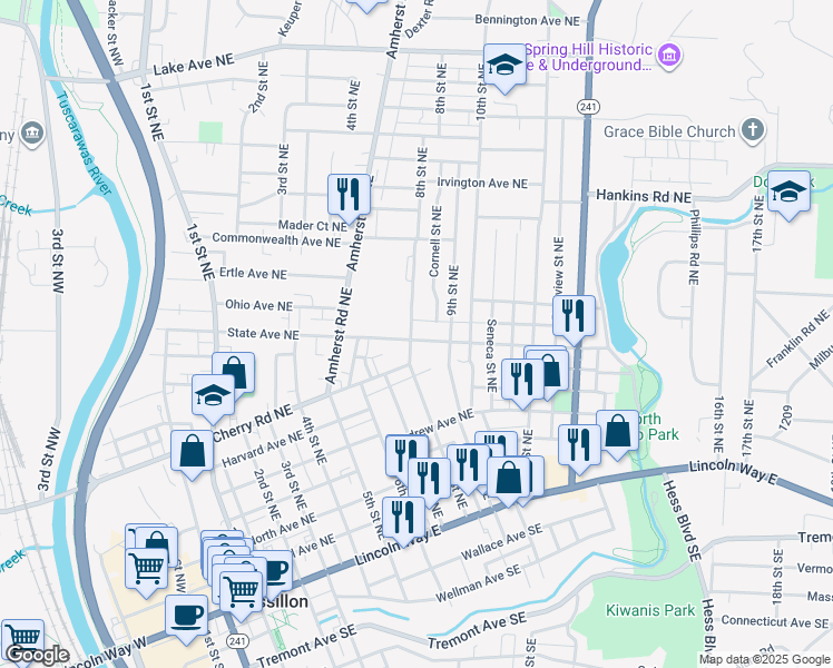 map of restaurants, bars, coffee shops, grocery stores, and more near 808 State Avenue Northeast in Massillon