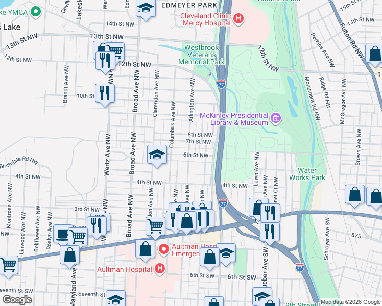 map of restaurants, bars, coffee shops, grocery stores, and more near 2403 6th Street Northwest in Canton