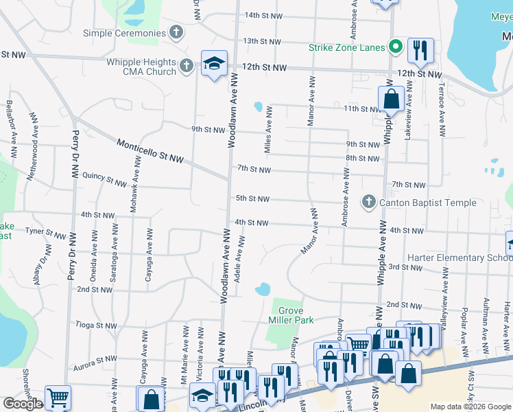 map of restaurants, bars, coffee shops, grocery stores, and more near 4714 5th Street Northwest in Canton