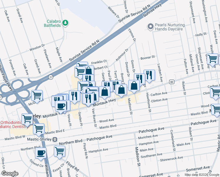 map of restaurants, bars, coffee shops, grocery stores, and more near 4 Paul Drive in Mastic