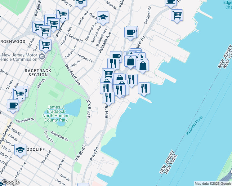 map of restaurants, bars, coffee shops, grocery stores, and more near 45 River Road in Edgewater