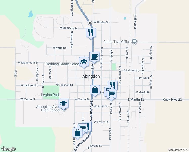 map of restaurants, bars, coffee shops, grocery stores, and more near 201-299 West Pearl Street in Abingdon