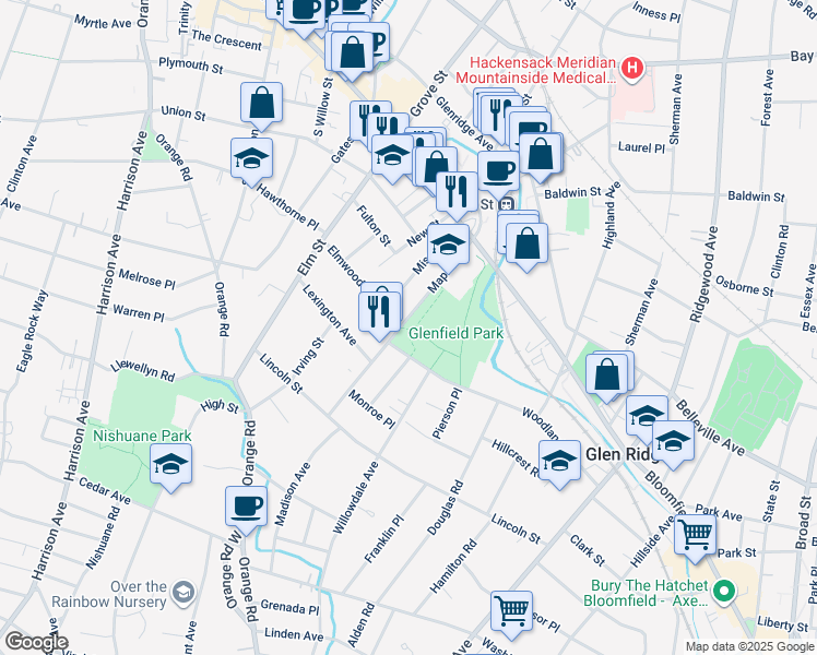 map of restaurants, bars, coffee shops, grocery stores, and more near 69 Maple Avenue in Montclair