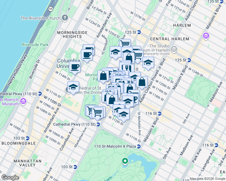 map of restaurants, bars, coffee shops, grocery stores, and more near 310 West 116th Street in New York