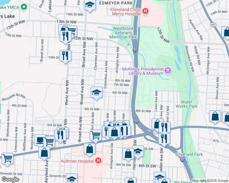 map of restaurants, bars, coffee shops, grocery stores, and more near 2403 6th Street Northwest in Canton