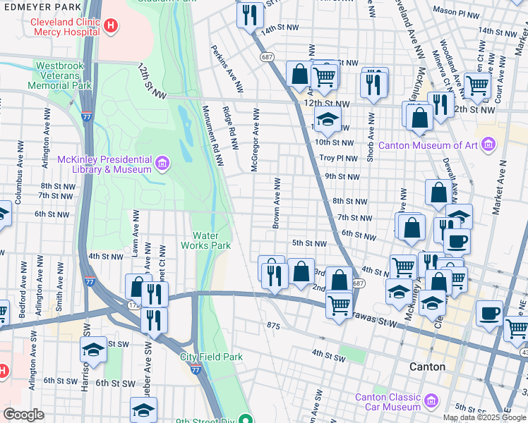 map of restaurants, bars, coffee shops, grocery stores, and more near 1319 7th Street Northwest in Canton
