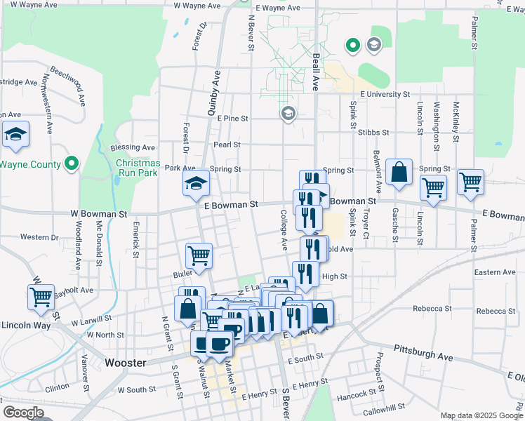map of restaurants, bars, coffee shops, grocery stores, and more near 323 East Bowman Street in Wooster
