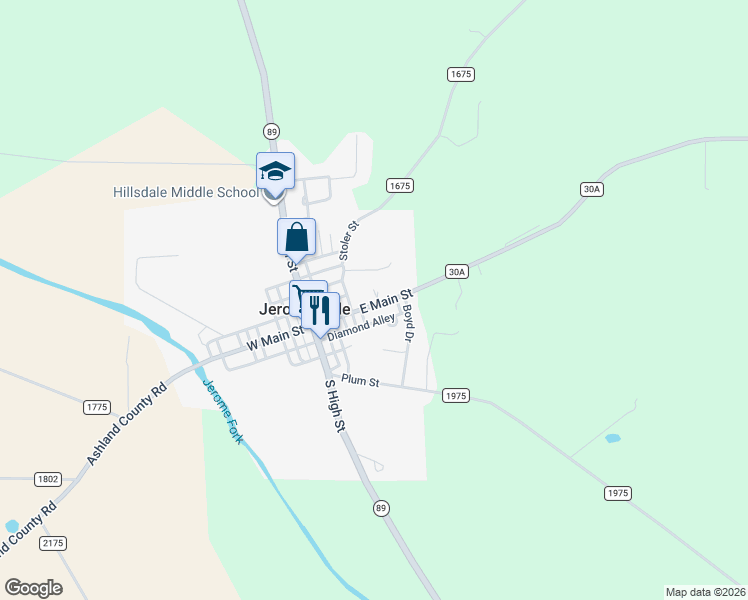 map of restaurants, bars, coffee shops, grocery stores, and more near 78 East Main Street in Jeromesville
