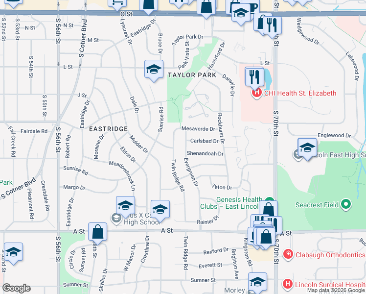 map of restaurants, bars, coffee shops, grocery stores, and more near 941 Evergreen Drive in Lincoln