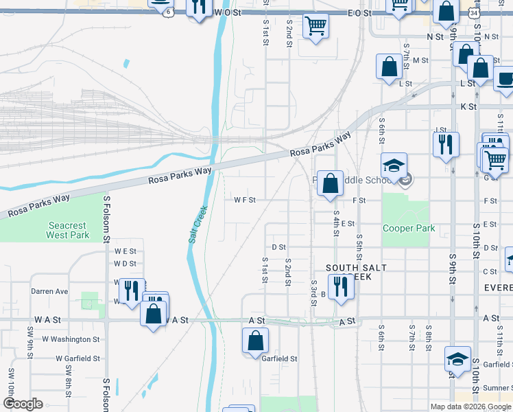 map of restaurants, bars, coffee shops, grocery stores, and more near 129 West F Street in Lincoln