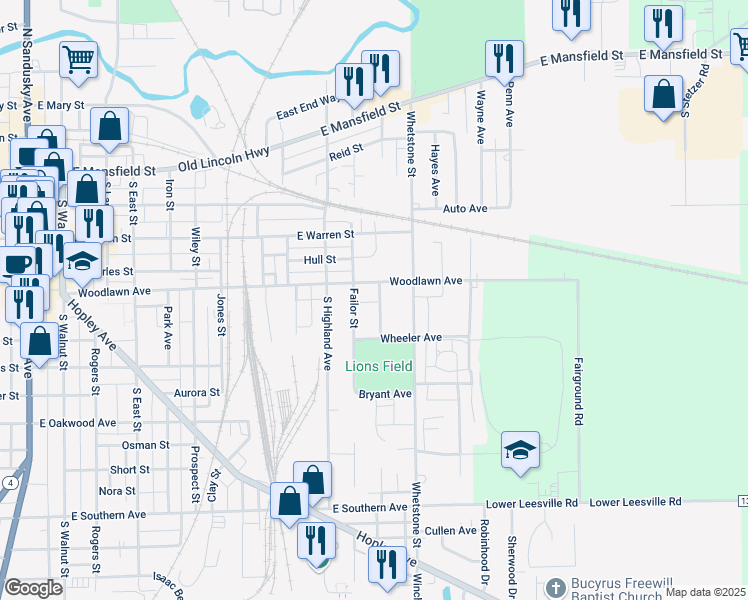 map of restaurants, bars, coffee shops, grocery stores, and more near 521 Union Avenue in Bucyrus