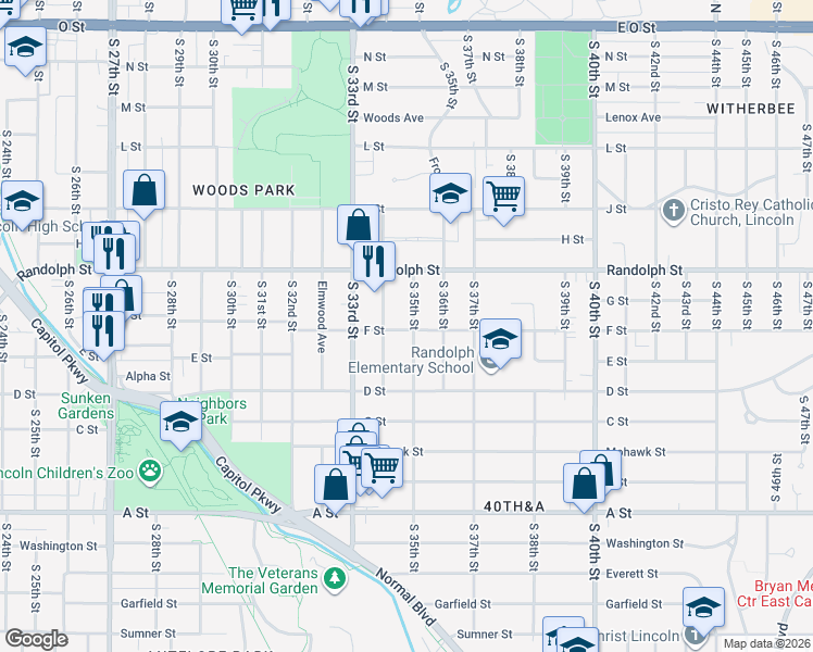 map of restaurants, bars, coffee shops, grocery stores, and more near 889 South 35th Street in Lincoln