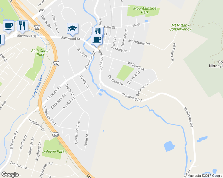 map of restaurants, bars, coffee shops, grocery stores, and more near 524 Boalsburg Road in Boalsburg