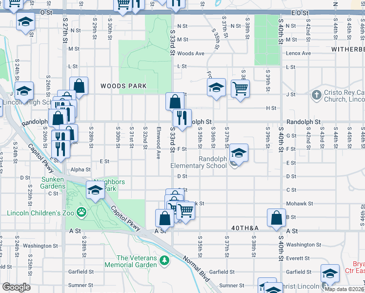 map of restaurants, bars, coffee shops, grocery stores, and more near 889 South 34th Street in Lincoln