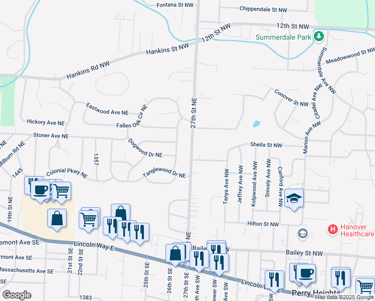 map of restaurants, bars, coffee shops, grocery stores, and more near 811 27th Street Northeast in Massillon