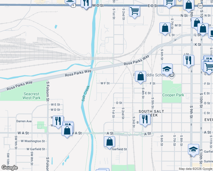 map of restaurants, bars, coffee shops, grocery stores, and more near 129 West F Street in Lincoln