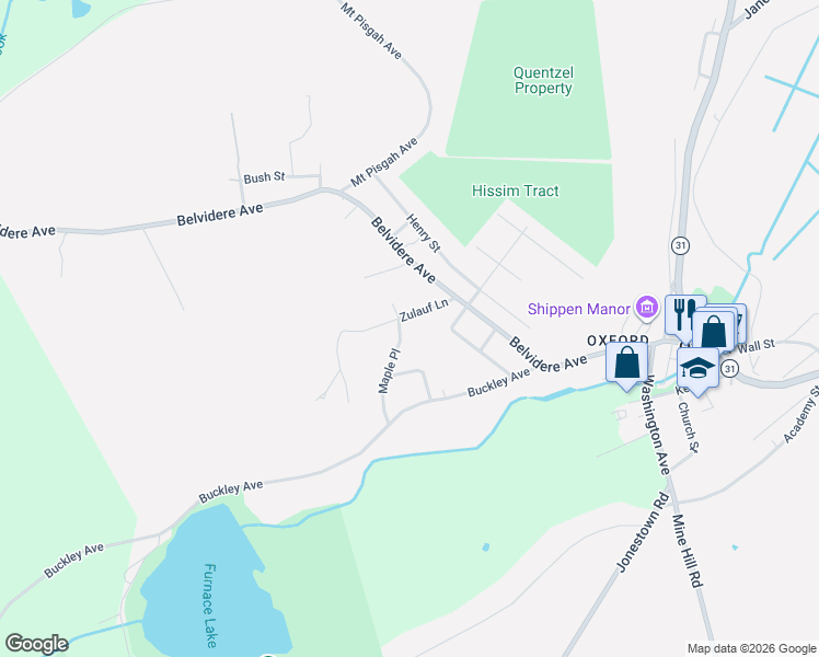 map of restaurants, bars, coffee shops, grocery stores, and more near 21 Zulauf Lane in Oxford