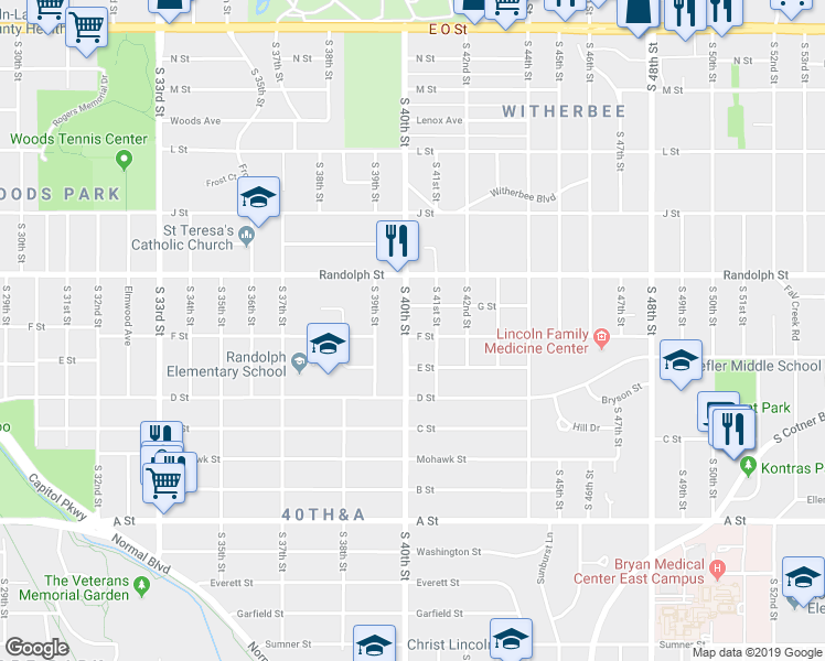 map of restaurants, bars, coffee shops, grocery stores, and more near 940 South 40th Street in Lincoln
