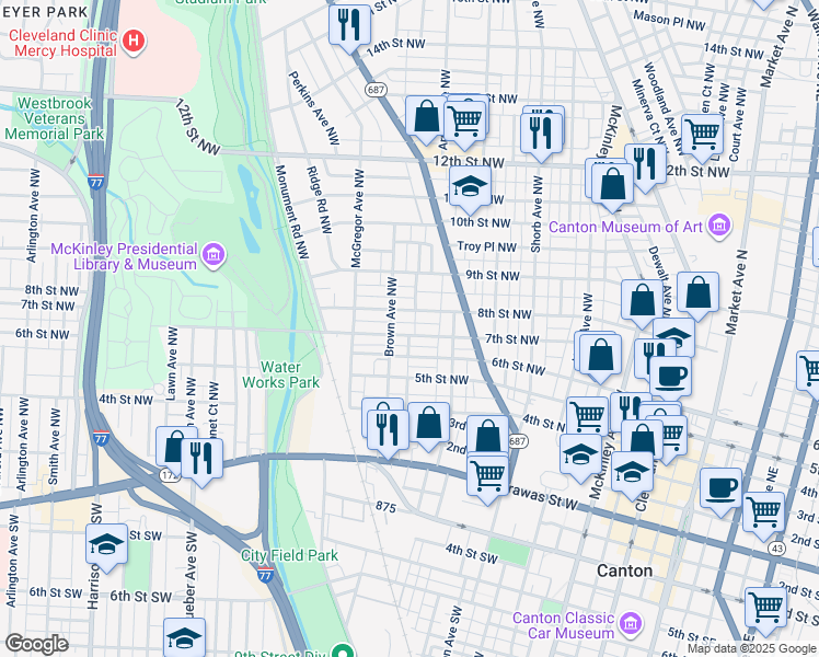 map of restaurants, bars, coffee shops, grocery stores, and more near 1145 7th Street Northwest in Canton