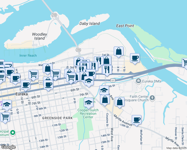 map of restaurants, bars, coffee shops, grocery stores, and more near in Eureka