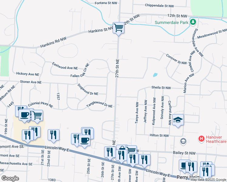 map of restaurants, bars, coffee shops, grocery stores, and more near 811 27th Street Northeast in Massillon
