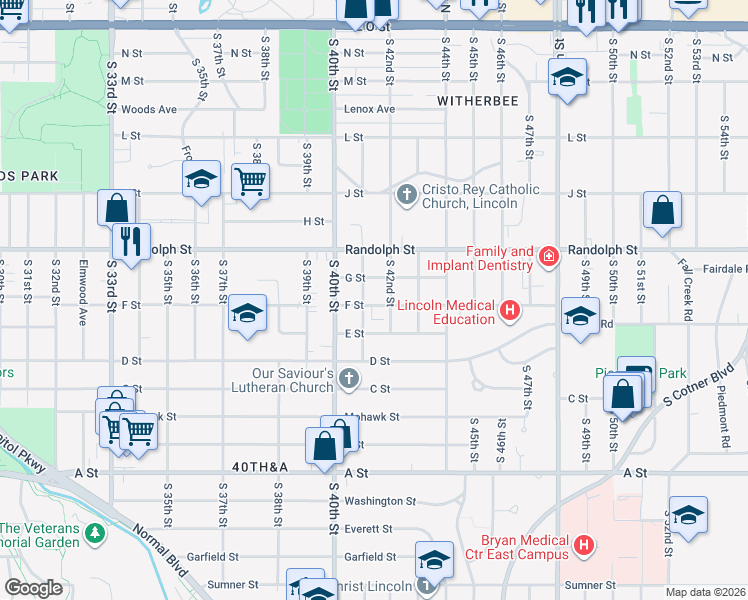 map of restaurants, bars, coffee shops, grocery stores, and more near 4120 F Street in Lincoln