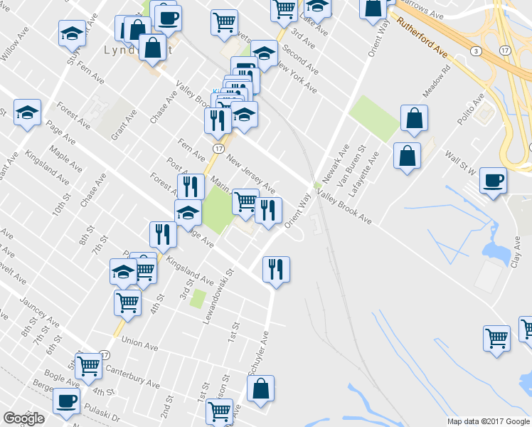 map of restaurants, bars, coffee shops, grocery stores, and more near 721 Marin Avenue in Lyndhurst