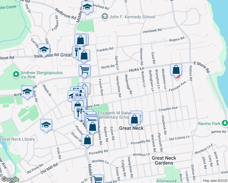map of restaurants, bars, coffee shops, grocery stores, and more near 55 Franklin Place in Great Neck