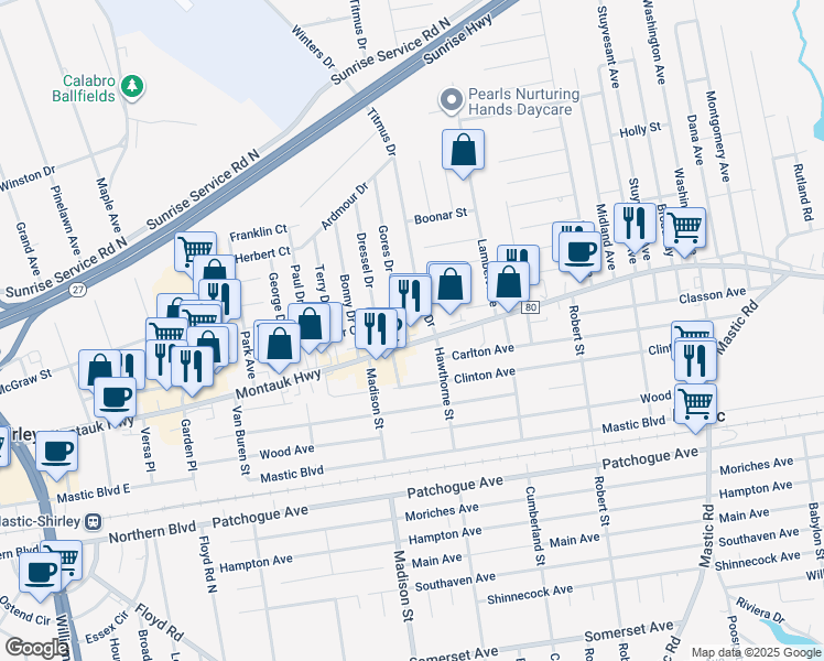 map of restaurants, bars, coffee shops, grocery stores, and more near 1265 Montauk Highway in Mastic