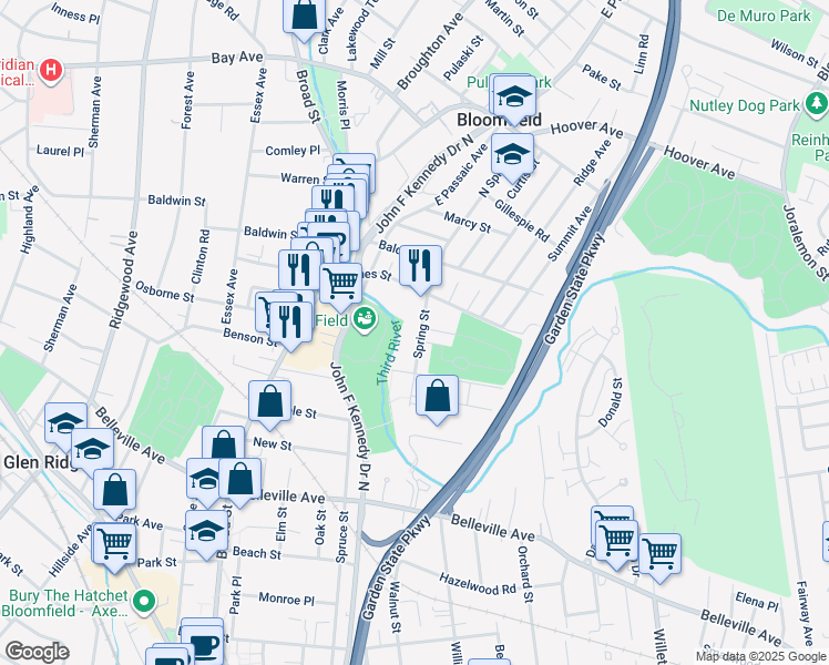 map of restaurants, bars, coffee shops, grocery stores, and more near 31 Spring Street in Bloomfield