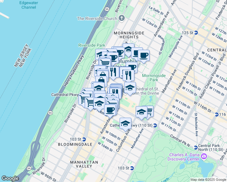 map of restaurants, bars, coffee shops, grocery stores, and more near 1060 Amsterdam Avenue in New York