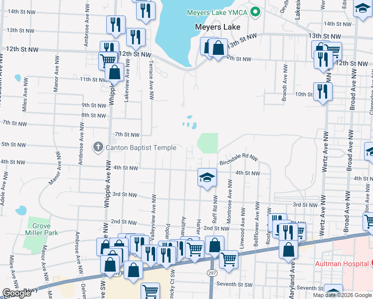 map of restaurants, bars, coffee shops, grocery stores, and more near 512 Aultman Avenue Northwest in Canton