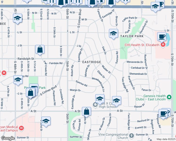 map of restaurants, bars, coffee shops, grocery stores, and more near 900 Moraine Drive in Lincoln