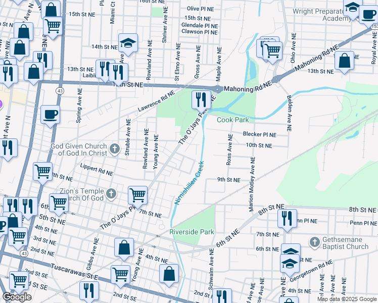 map of restaurants, bars, coffee shops, grocery stores, and more near 1620 Payne Court Northeast in Canton