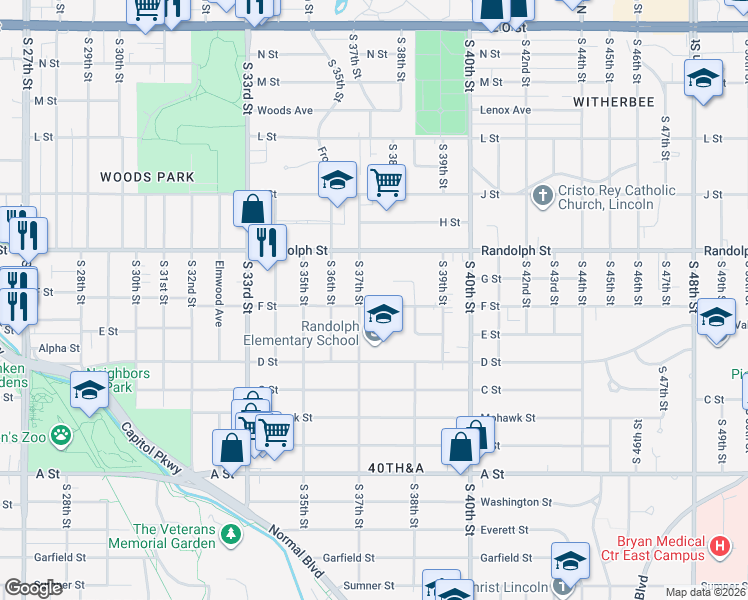 map of restaurants, bars, coffee shops, grocery stores, and more near 3720 F Street in Lincoln
