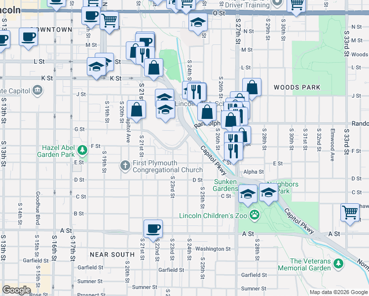 map of restaurants, bars, coffee shops, grocery stores, and more near 911 South 24th Street in Lincoln