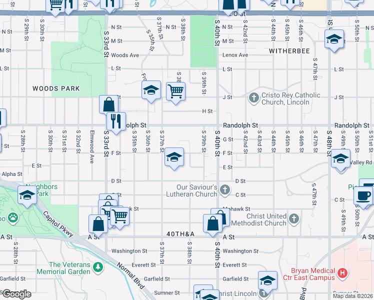 map of restaurants, bars, coffee shops, grocery stores, and more near 3788 F Street in Lincoln