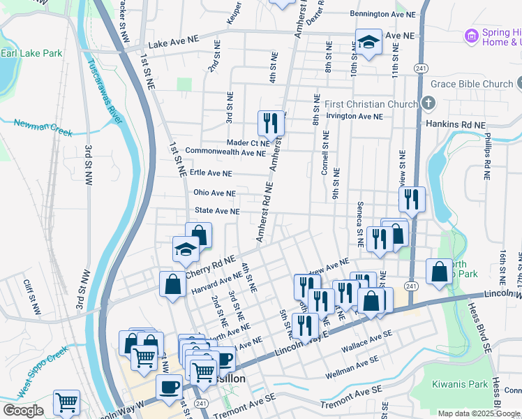 map of restaurants, bars, coffee shops, grocery stores, and more near 807 Amherst Road Northeast in Massillon
