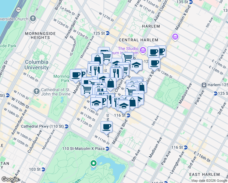 map of restaurants, bars, coffee shops, grocery stores, and more near Adam Clayton Powell Jr Blvd & W 118th St in New York