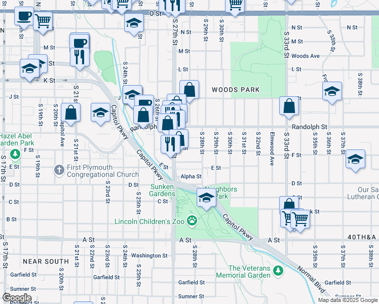 map of restaurants, bars, coffee shops, grocery stores, and more near 2753 F Street in Lincoln
