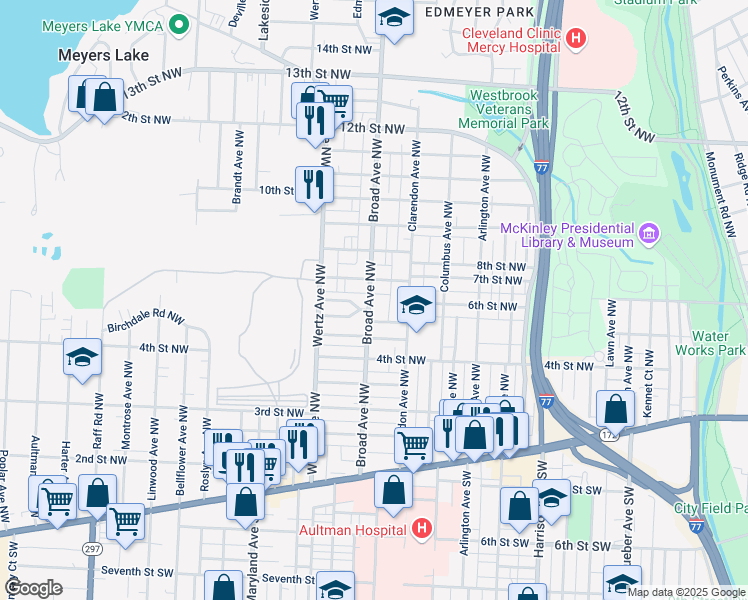 map of restaurants, bars, coffee shops, grocery stores, and more near 604 Broad Avenue Northwest in Canton