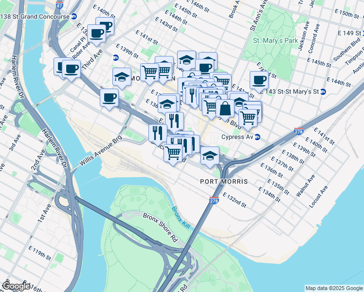 map of restaurants, bars, coffee shops, grocery stores, and more near 532 East 134th Street in The Bronx