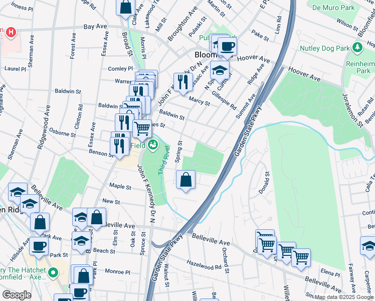 map of restaurants, bars, coffee shops, grocery stores, and more near 17 Cottage Place in Bloomfield